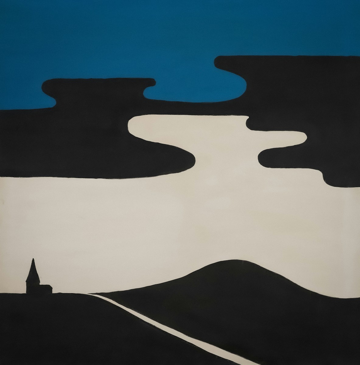 A black and white landscape with a blue sky.